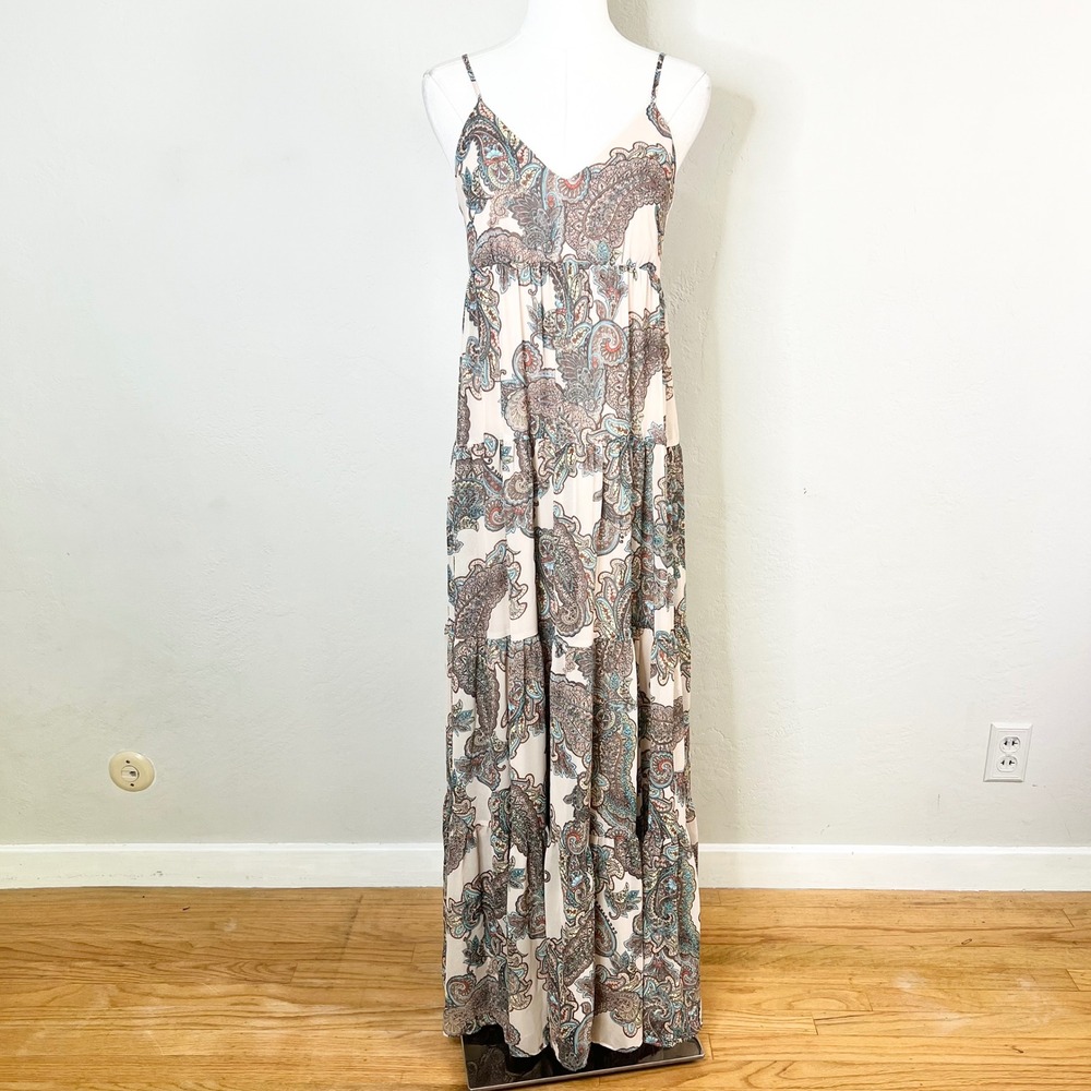 Express Maxi Dress Paisley Tiered Size XS Brown Boho Sleeveless V-Neck